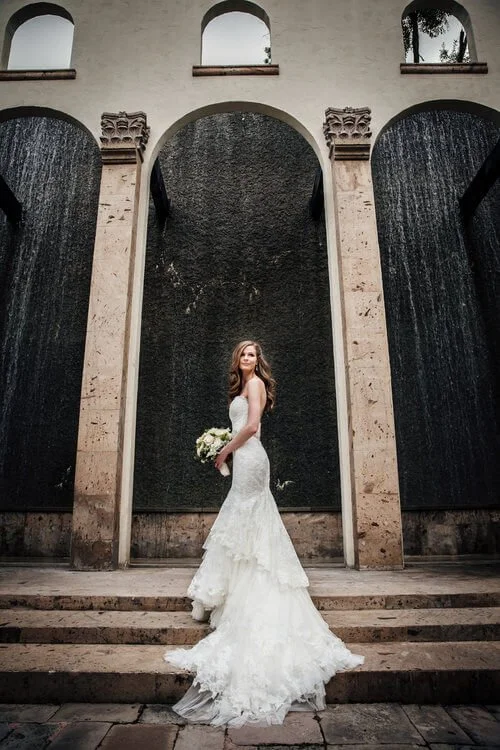 Bridal Portrait in front of a waterwall at The Bell Tower on 34th