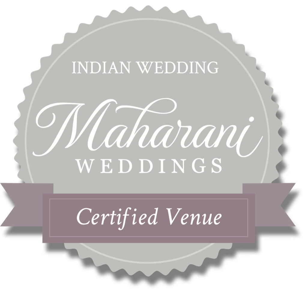 Maharani Weddings Certified Venue badge for Indian weddings in gray and lavender with decorative ribbon design.
